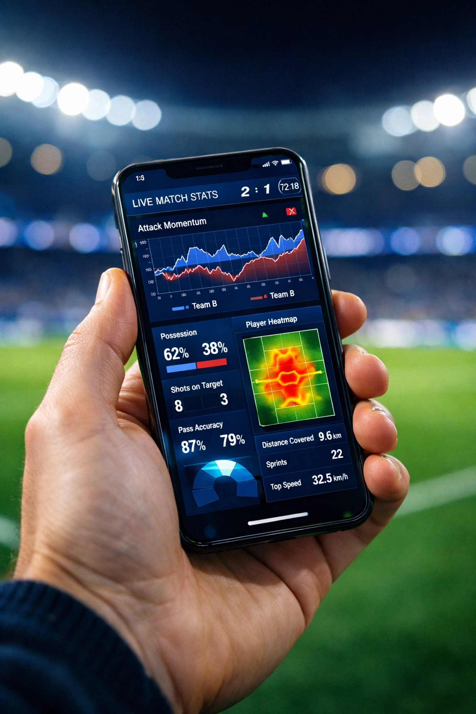 Smartphone zeigt Live-Daten-Dashboard für Fußballstatistiken im Stadion während eines Spiels.