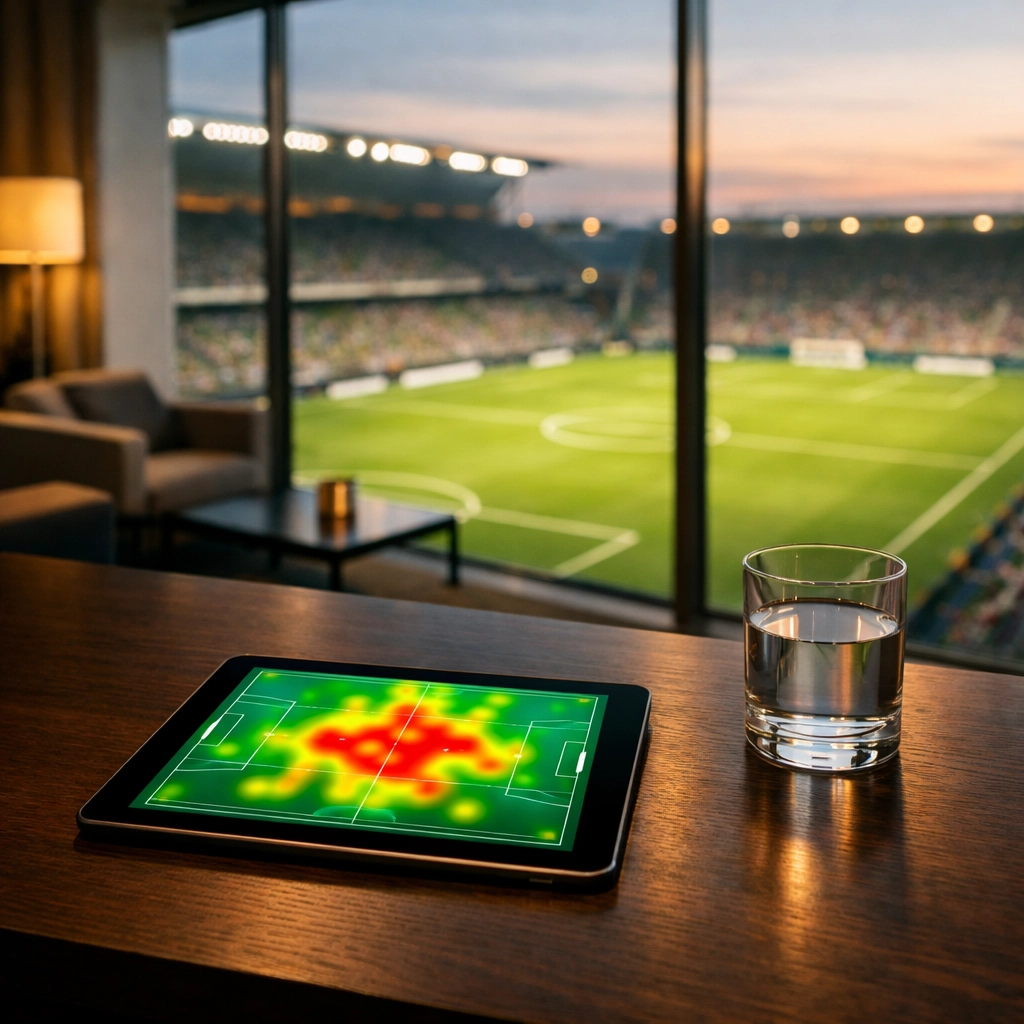 Tablet mit Fußball-Heatmap zur Analyse von Live-Werten und strategischen Cash-Out Optionen.