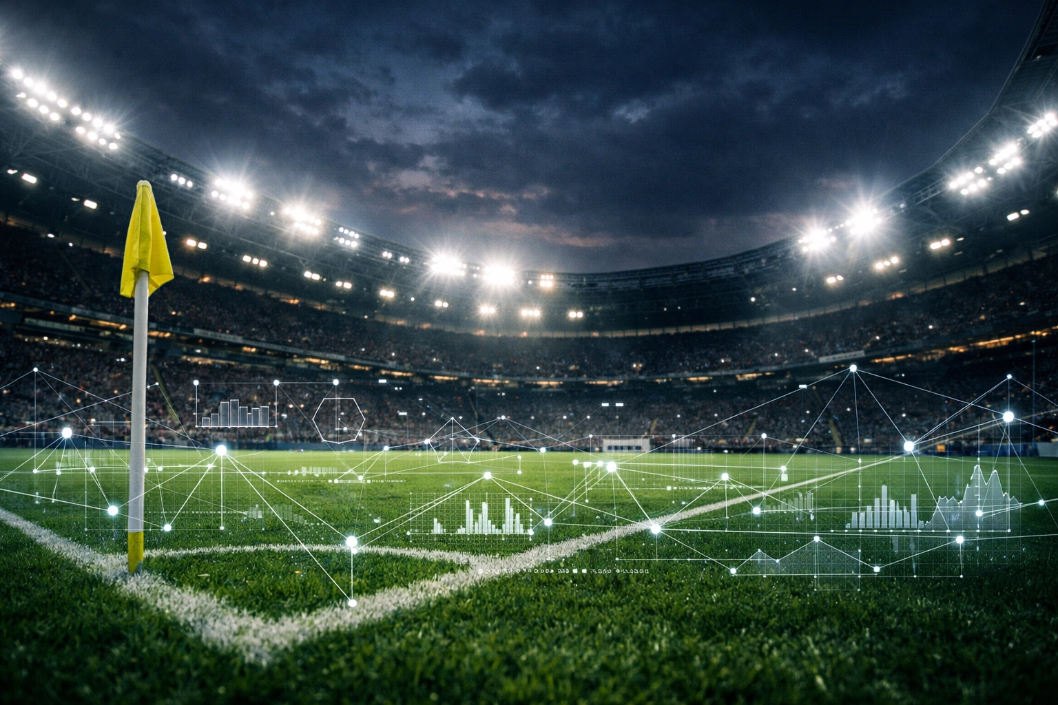 Fußballstadion mit digitalem Daten-Overlay zur Identifikation von Value-Optionen und xG-Metriken.