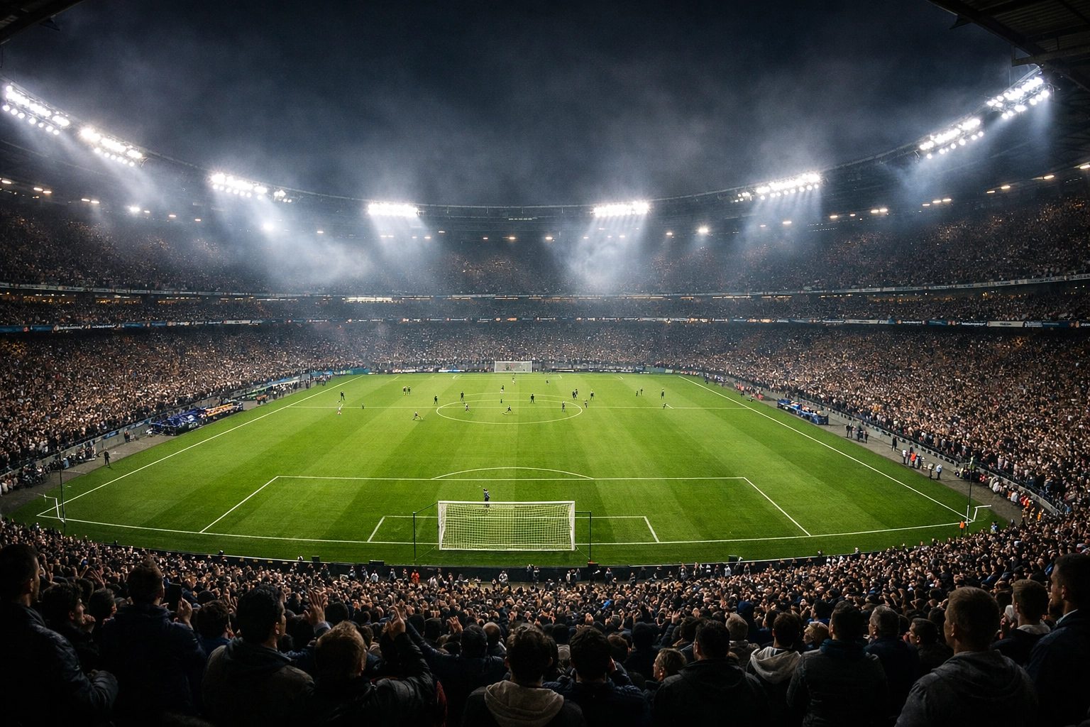 Stimmungsvolles Fußballstadion bei Nacht zur Einschätzung von Live-Wetten Trends.