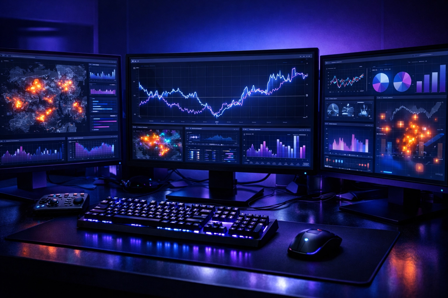 Modernes Setup für Live E-Sports Analysen mit Daten-Graphen und Heatmaps auf Monitoren.