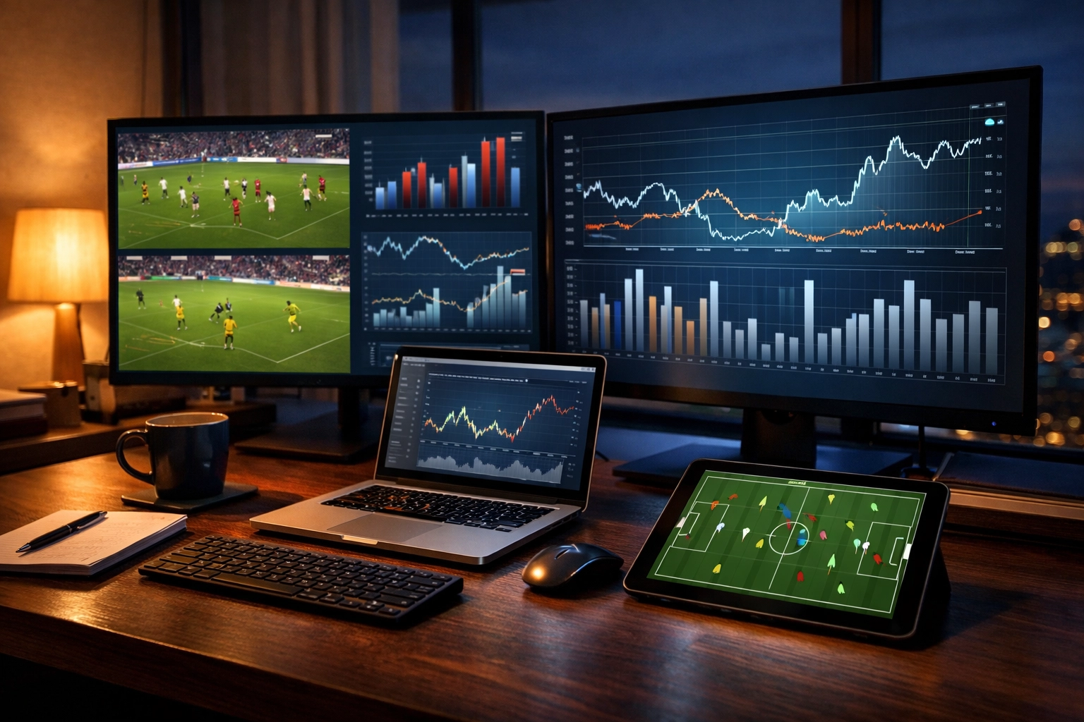 Moderner Arbeitsplatz eines Sport-Analysten mit Monitoren zur Quotenanalyse und Marktauswertung.