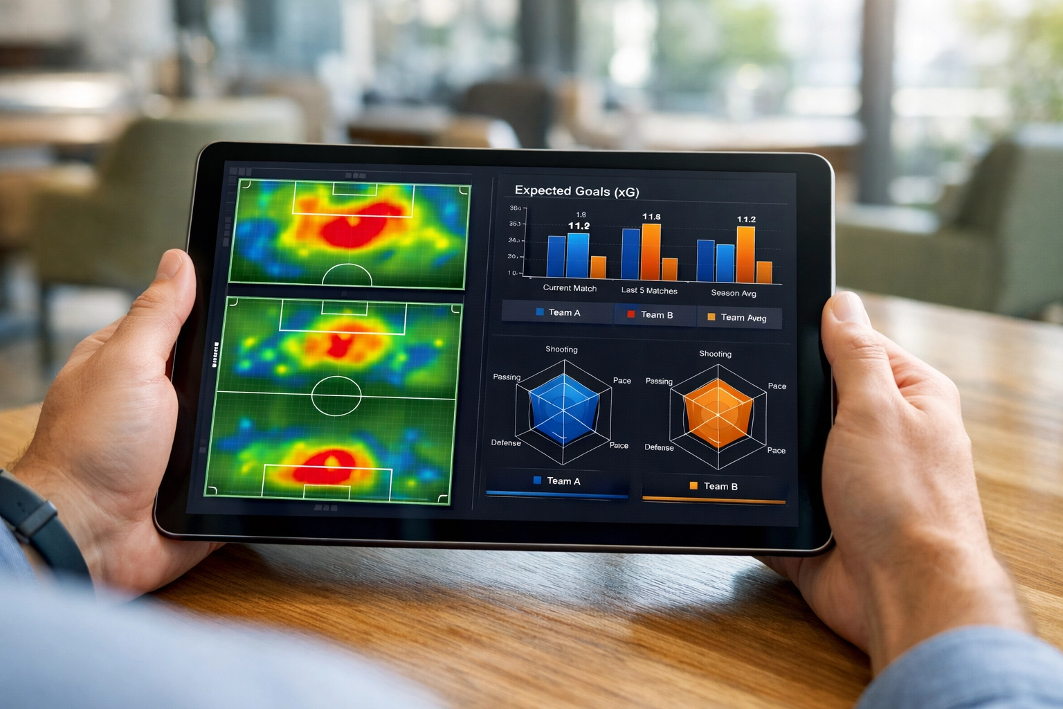 Datenanalyse von Expected Goals und Heatmaps auf einem Tablet zur Value-Identifizierung.