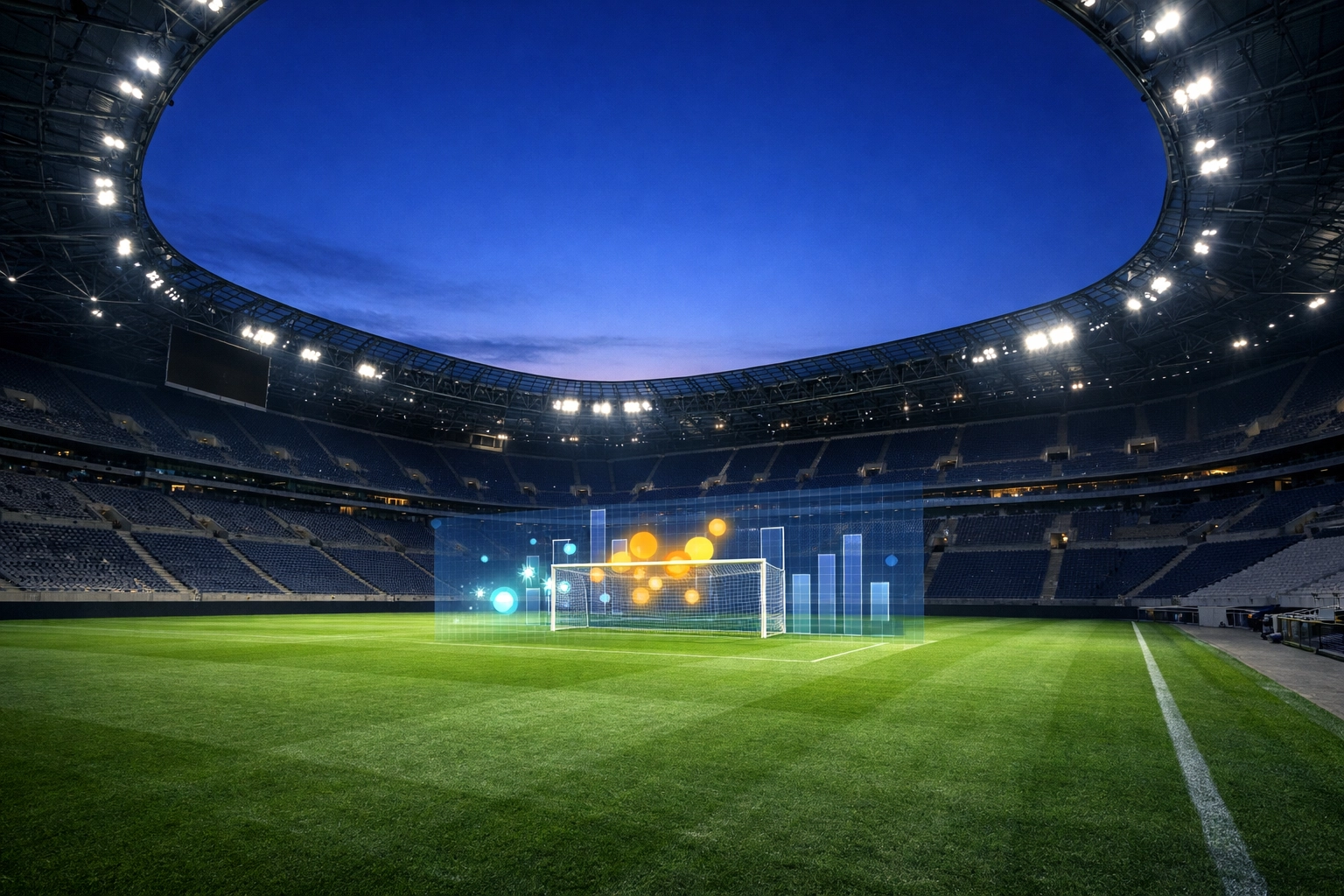 Statistische xG-Analyse und Datenvisualisierung in einem modernen Fußballstadion.