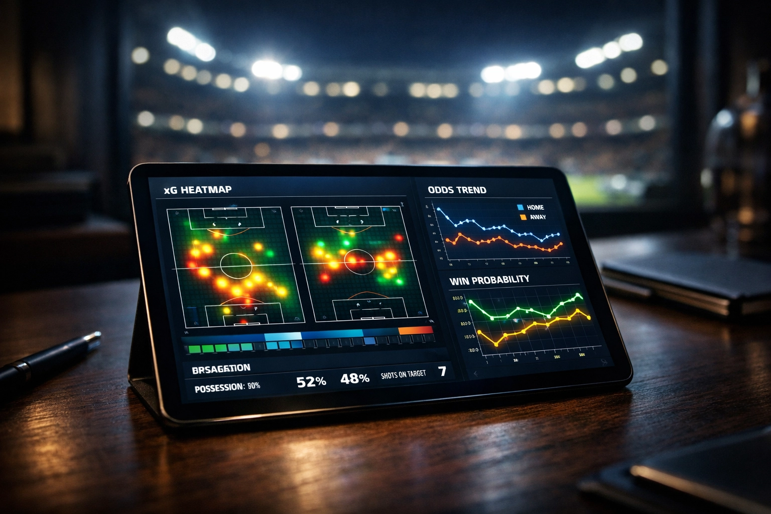 Analyse von Quotenbewegungen und xG-Fußballstatistiken auf einem digitalen Dashboard.