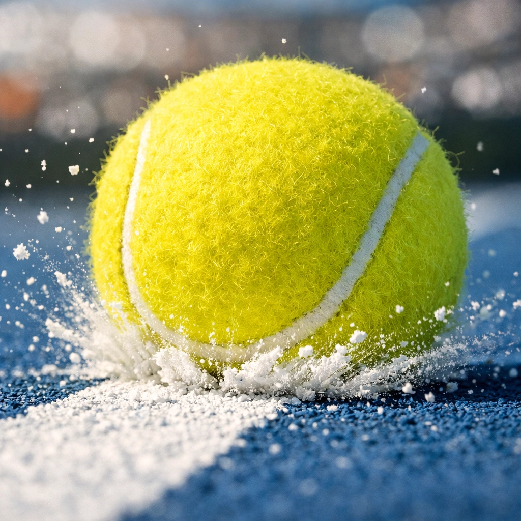 Ein gelber Tennisball trifft präzise die Linie auf einem blauen Hartplatz während eines Matches.