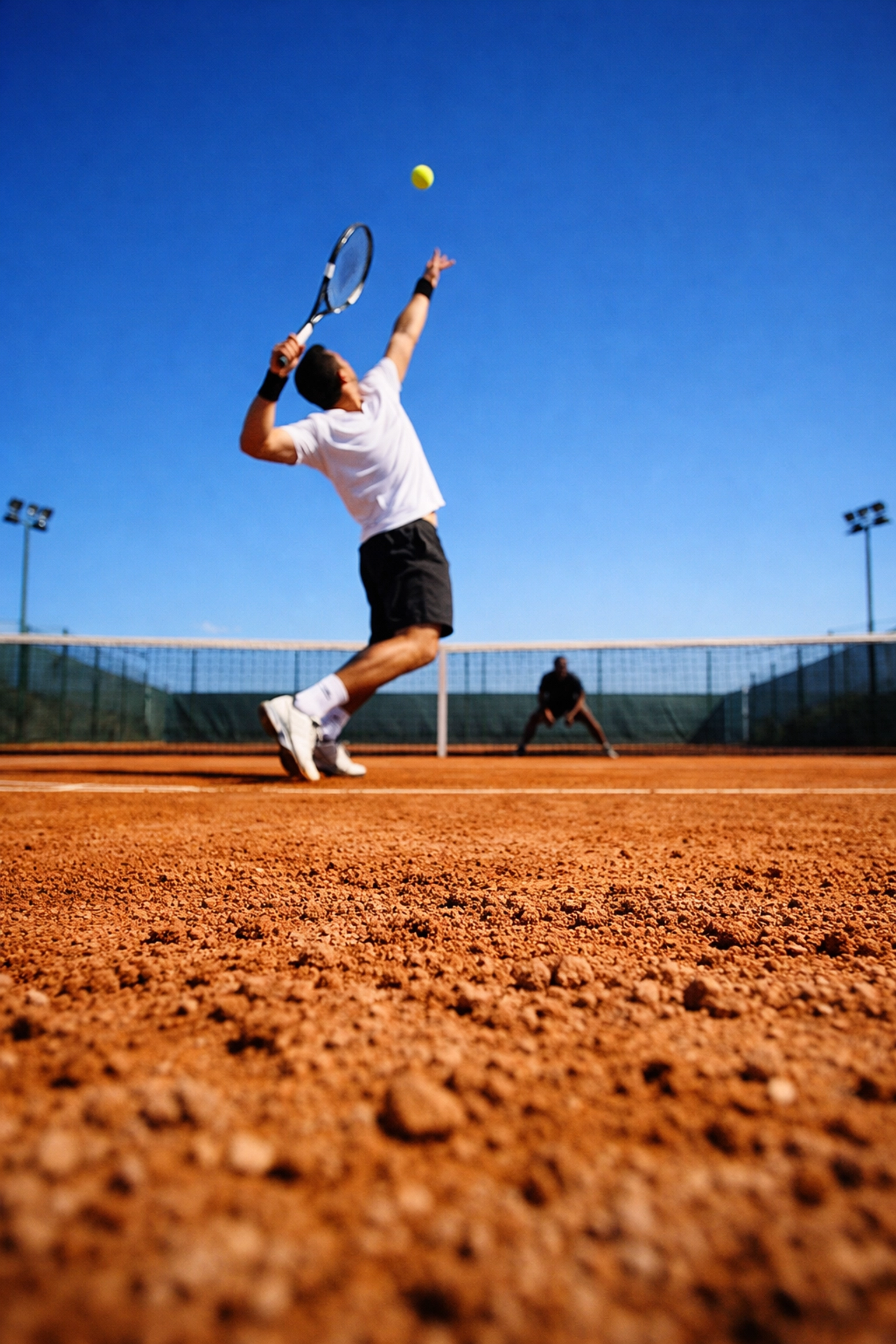 Kraftvoller Tennis-Aufschlag auf Sand als Teil der taktischen Match-Analyse und H2H-Bewertung.