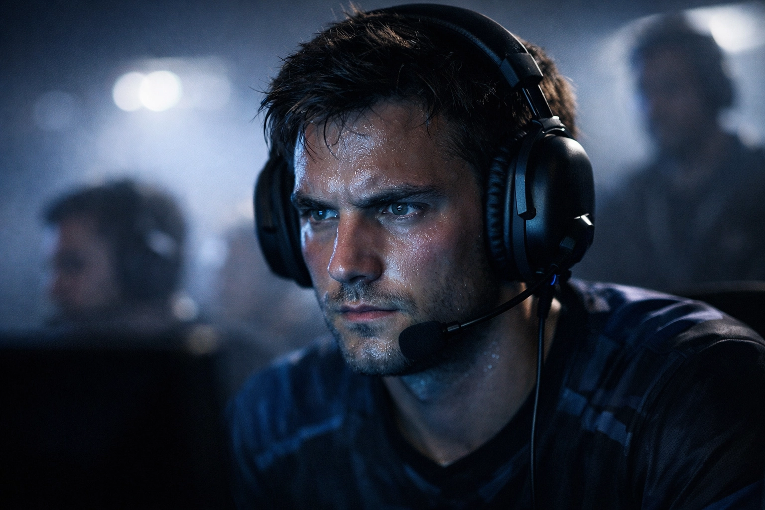 Konzentrierter E-Sports-Spieler unter Druck zur Veranschaulichung psychologischer Faktoren bei Live-Analysen.