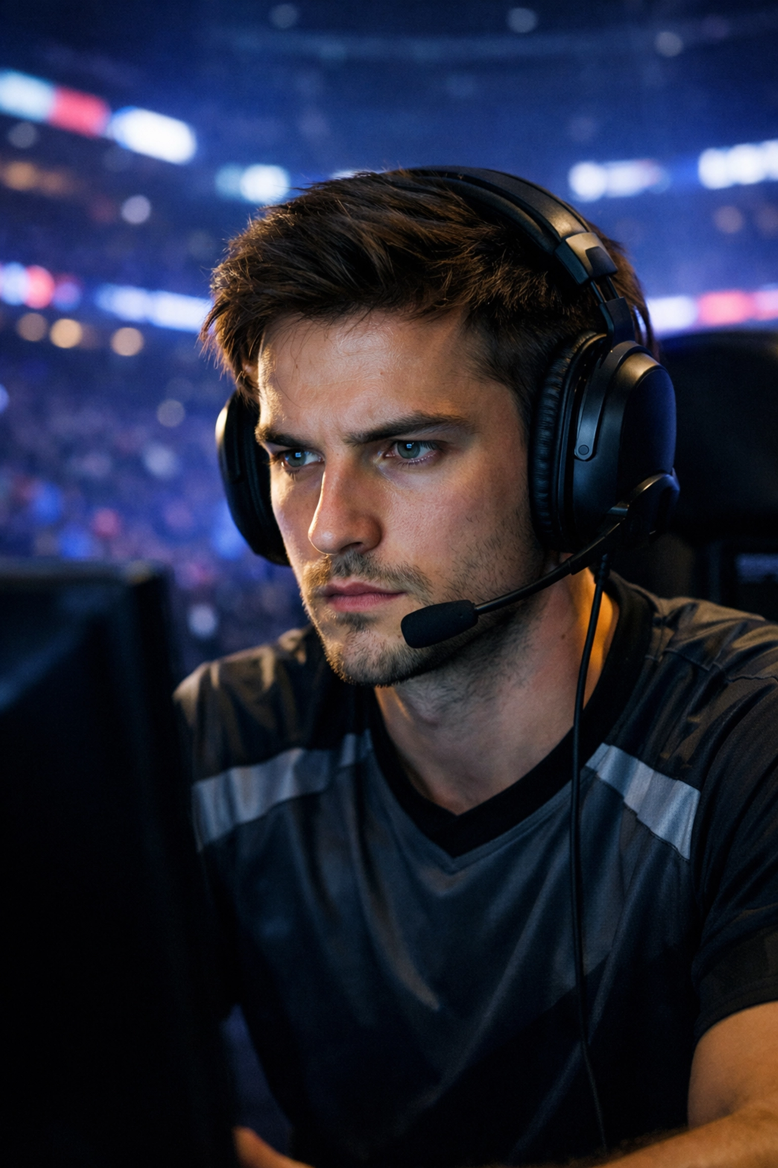 Fokussierter E-Sports Profi im Turnier-Booth bei einer Live-Analyse wichtiger Momentum-Shifts.