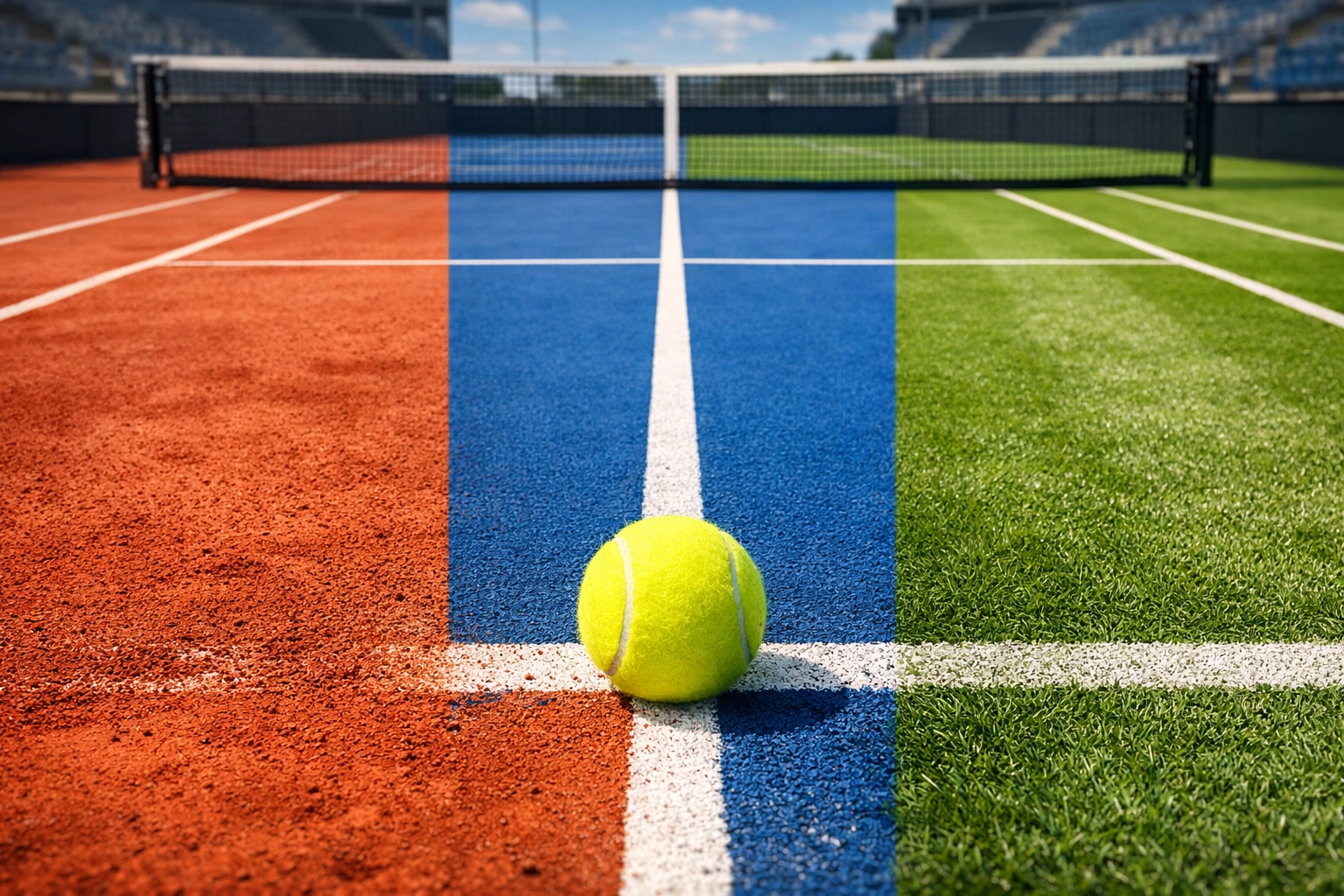 Vergleich der Tennis-Beläge Sand, Hartplatz und Rasen für die Formanalyse.