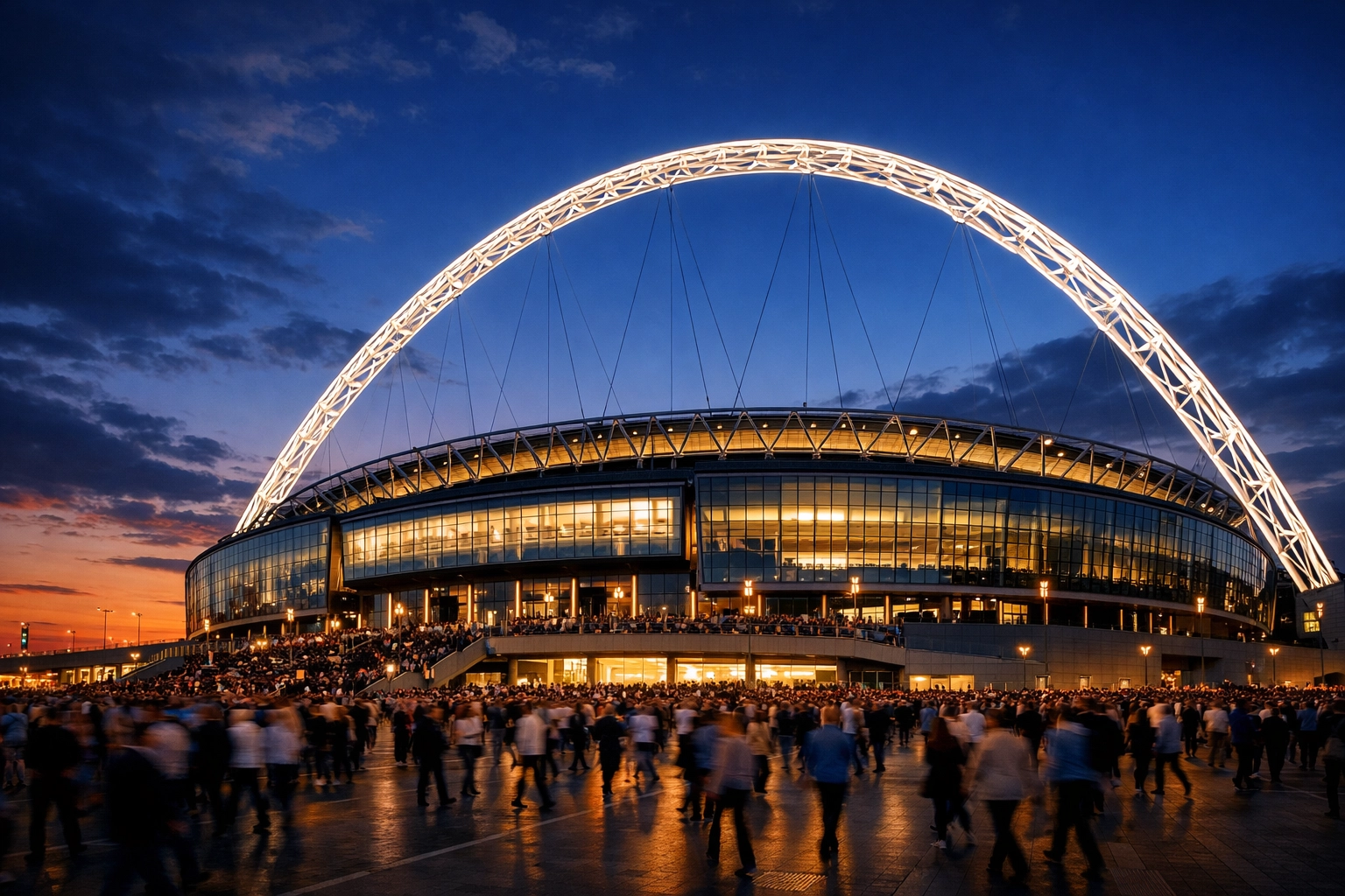 Das beleuchtete Wembley Stadion in London vor dem WM-Qualifikationsspiel England gegen Albanien.