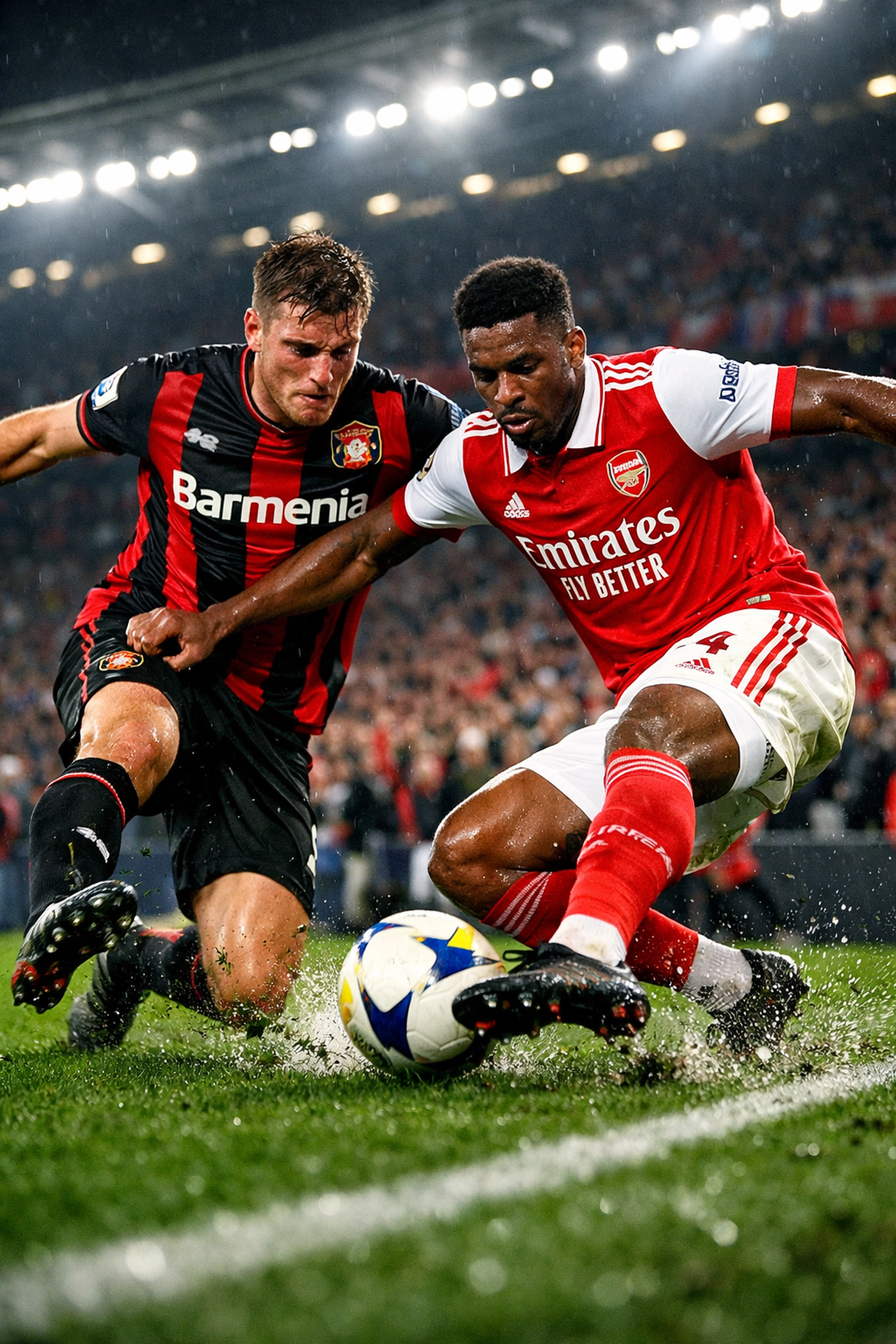 Intensiver Zweikampf zwischen Leverkusen und Arsenal Spielern zur taktischen Analyse der Flügelduelle.