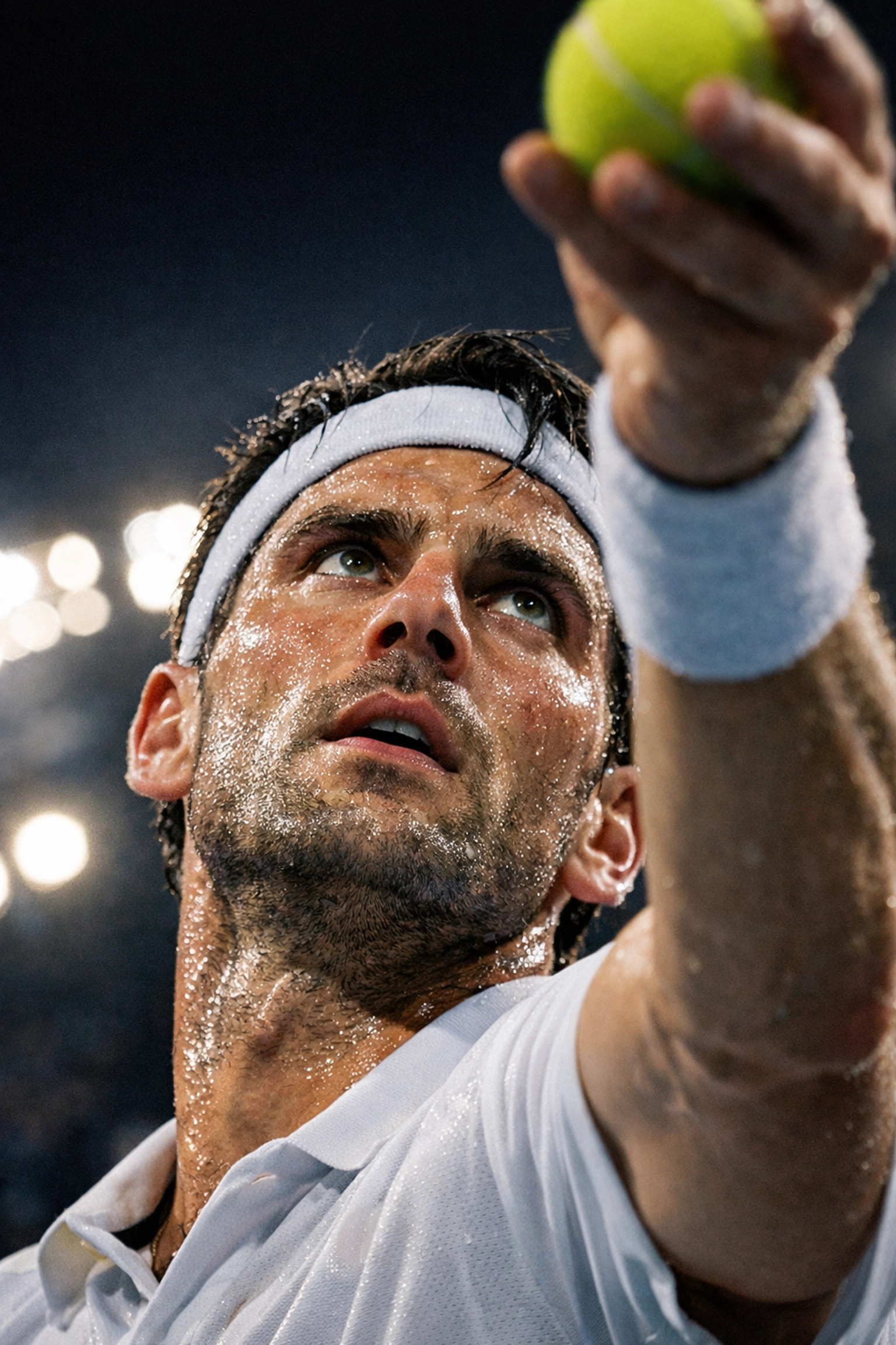 Profi-Tennisspieler beim Aufschlag in einer entscheidenden Tie-Break-Situation.
