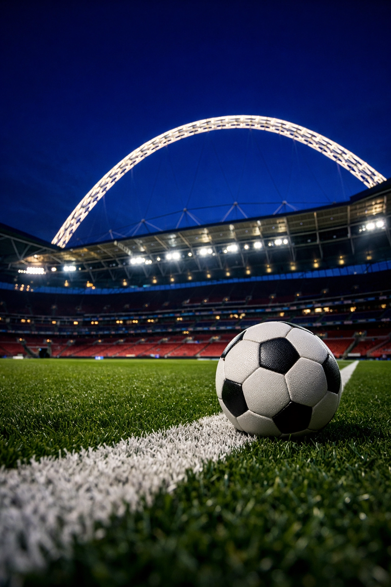 Das beleuchtete Wembley Stadion vor dem Spiel England gegen Belgien zur Quoten-Analyse.