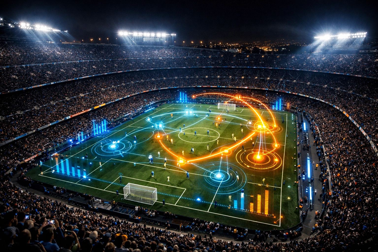 Fußballstadion bei Nacht mit digitalen Daten-Visualisierungen für moderne Spielanalysen.