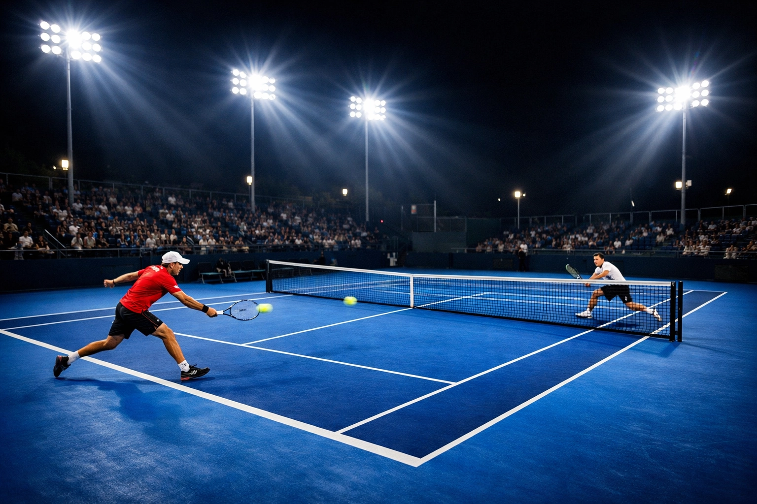 Dynamisches Tennismatch auf dem Hartplatz unter Flutlicht für präzise In-Play-Analysen.