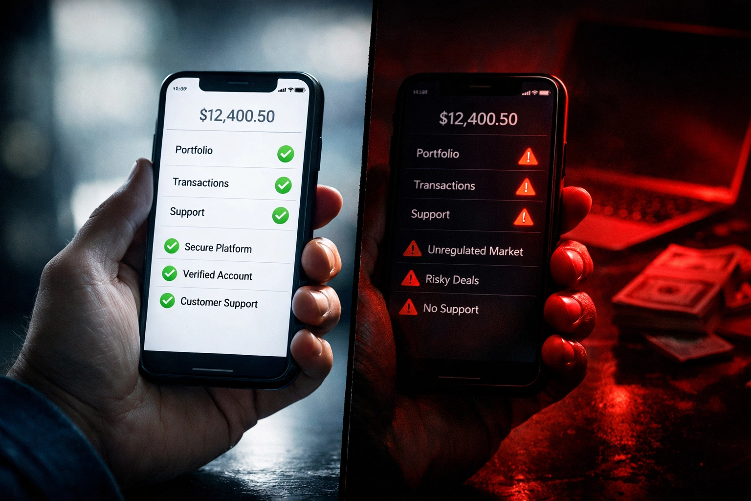 Visueller Vergleich zwischen sicherem legalem Markt und riskantem Sportwetten-Schwarzmarkt.