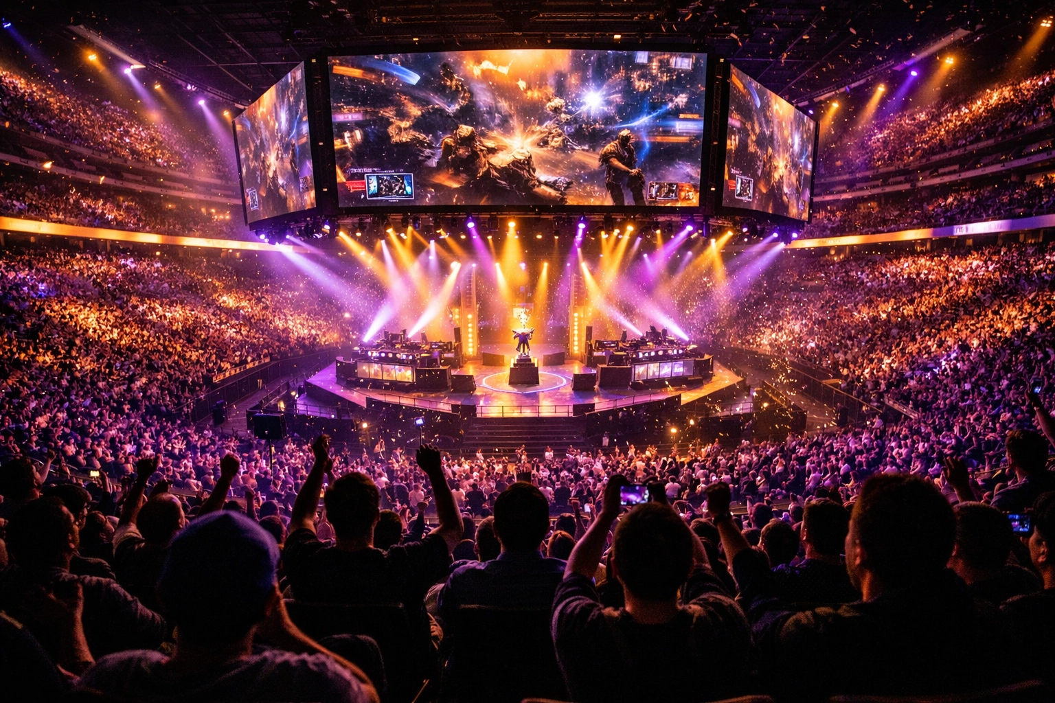 Eine vollbesetzte E-Sports Arena bei einem Dota 2 Major Turnier während der entscheidenden Finalphase.