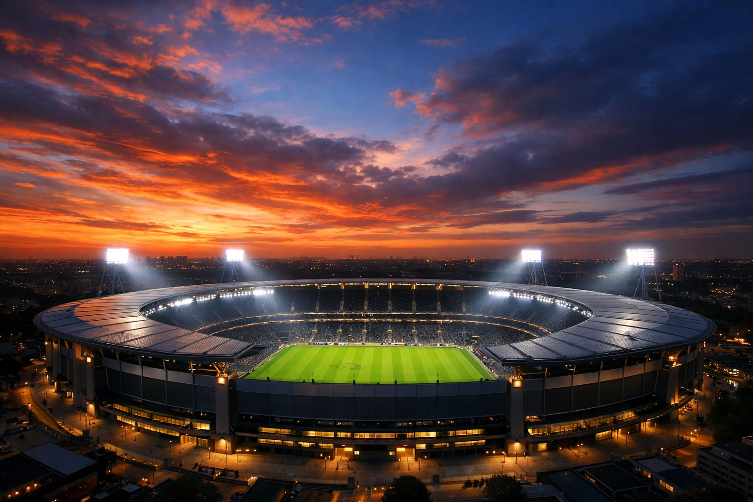 Stimmungsvolles englisches Fußballstadion bei Dämmerung für den Newcastle Manchester United Tipp.