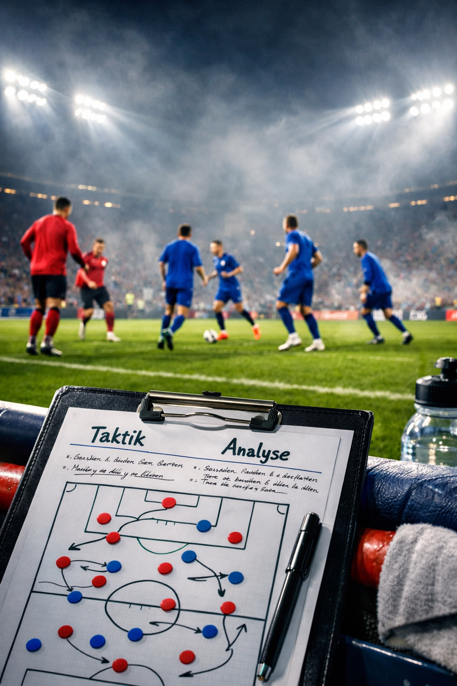 Taktische Analyse von Team-News und Aufstellungen am Spielfeldrand vor Spielbeginn.