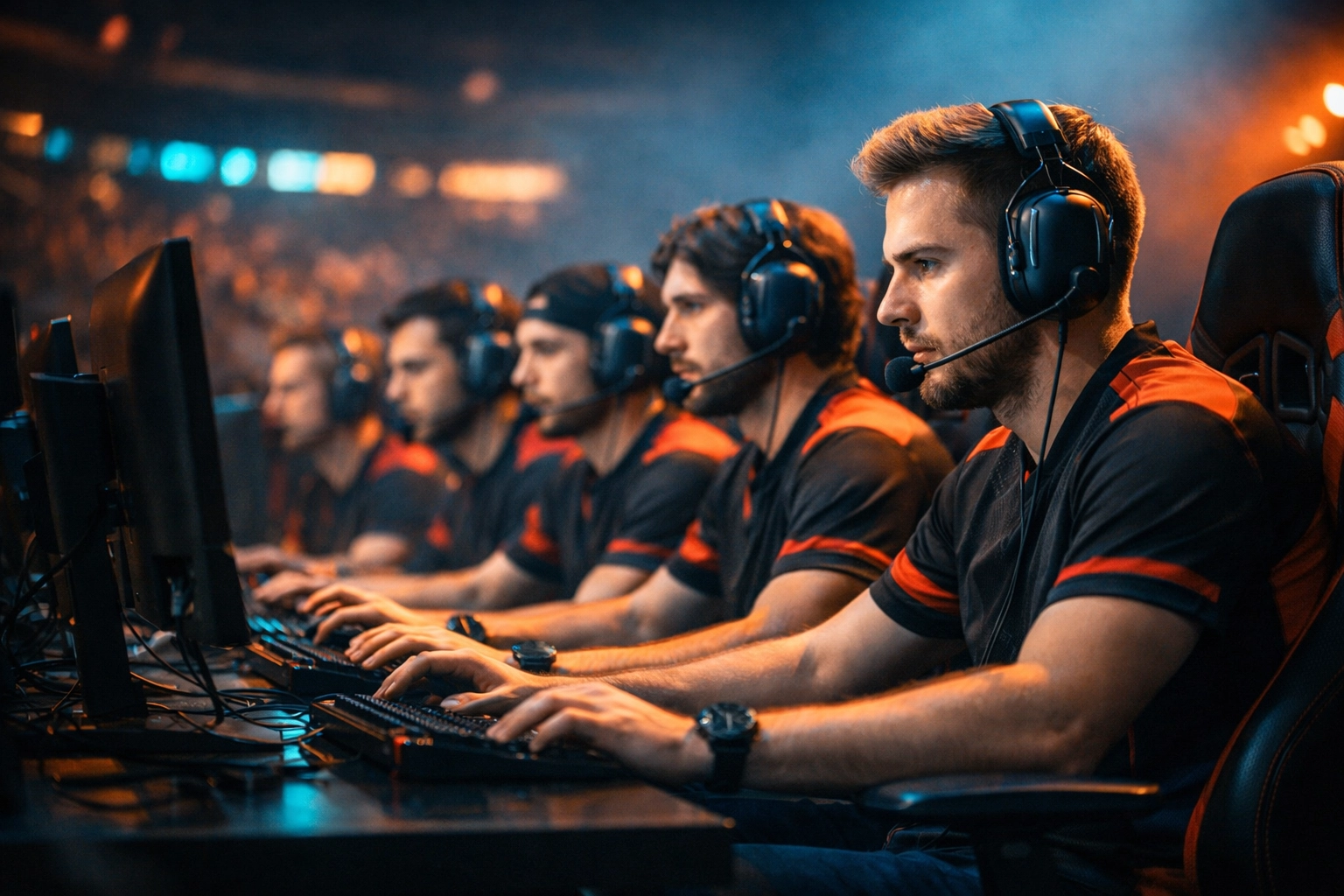 Professionelles E-Sports Team bei der taktischen Abstimmung während eines Live Turniers.