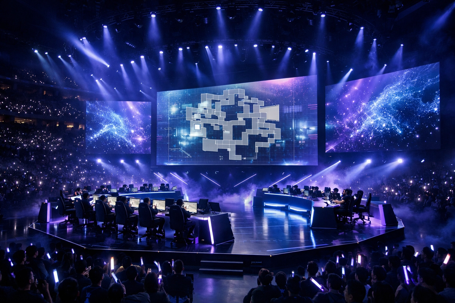 Valorant E-Sports Arena mit Profi-Spielern und taktischen Displays für die Wettanalyse.