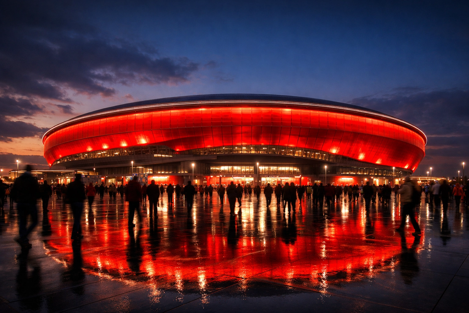 Beleuchtete Allianz Arena in München bei Sonnenuntergang vor dem Bundesliga-Spiel gegen Union Berlin.