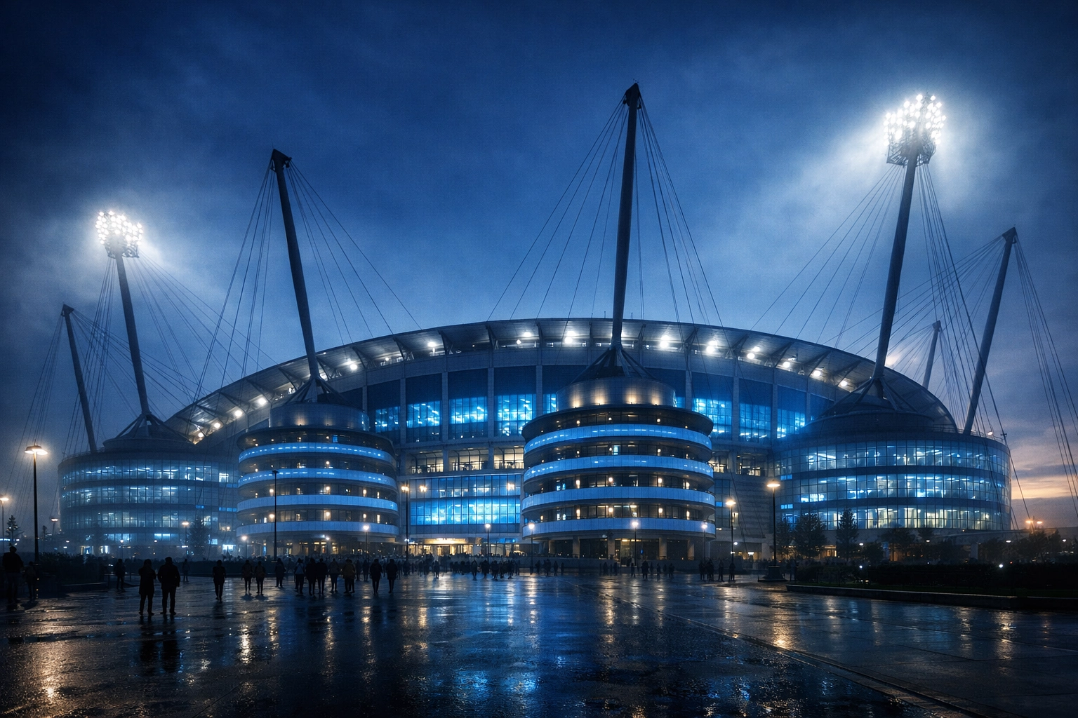 Beleuchtetes Etihad Stadium vor dem Champions League Rückspiel Manchester City gegen Real Madrid.