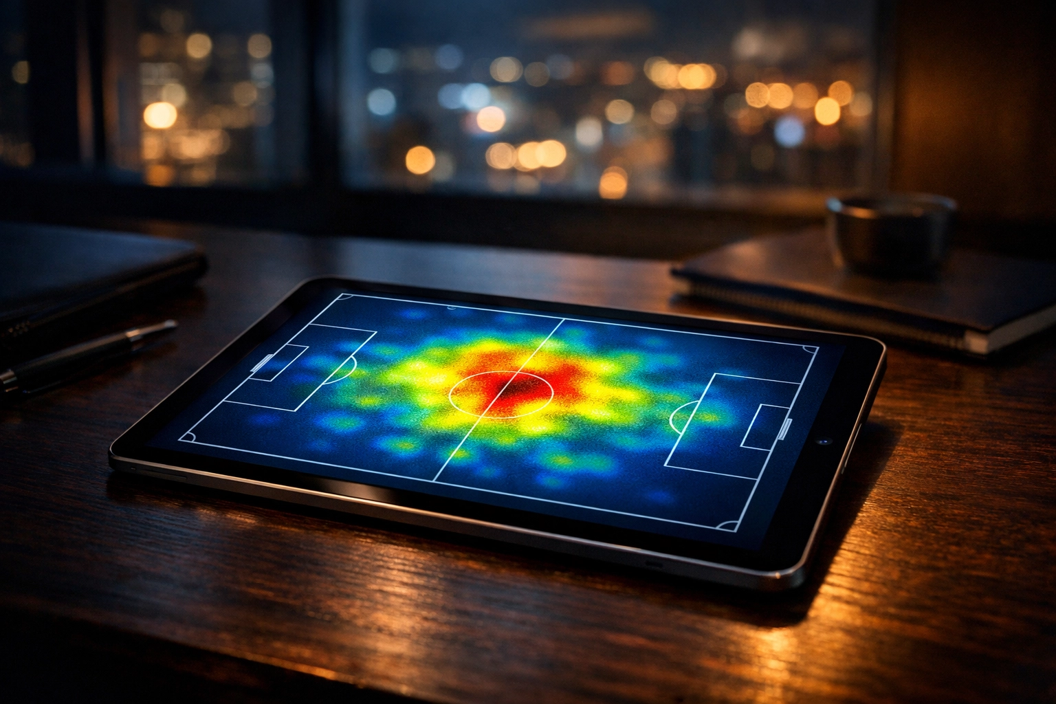 Analyse von Fußball-Leistungsdaten und Heatmaps auf einem Tablet zur Identifikation von Markttrends.