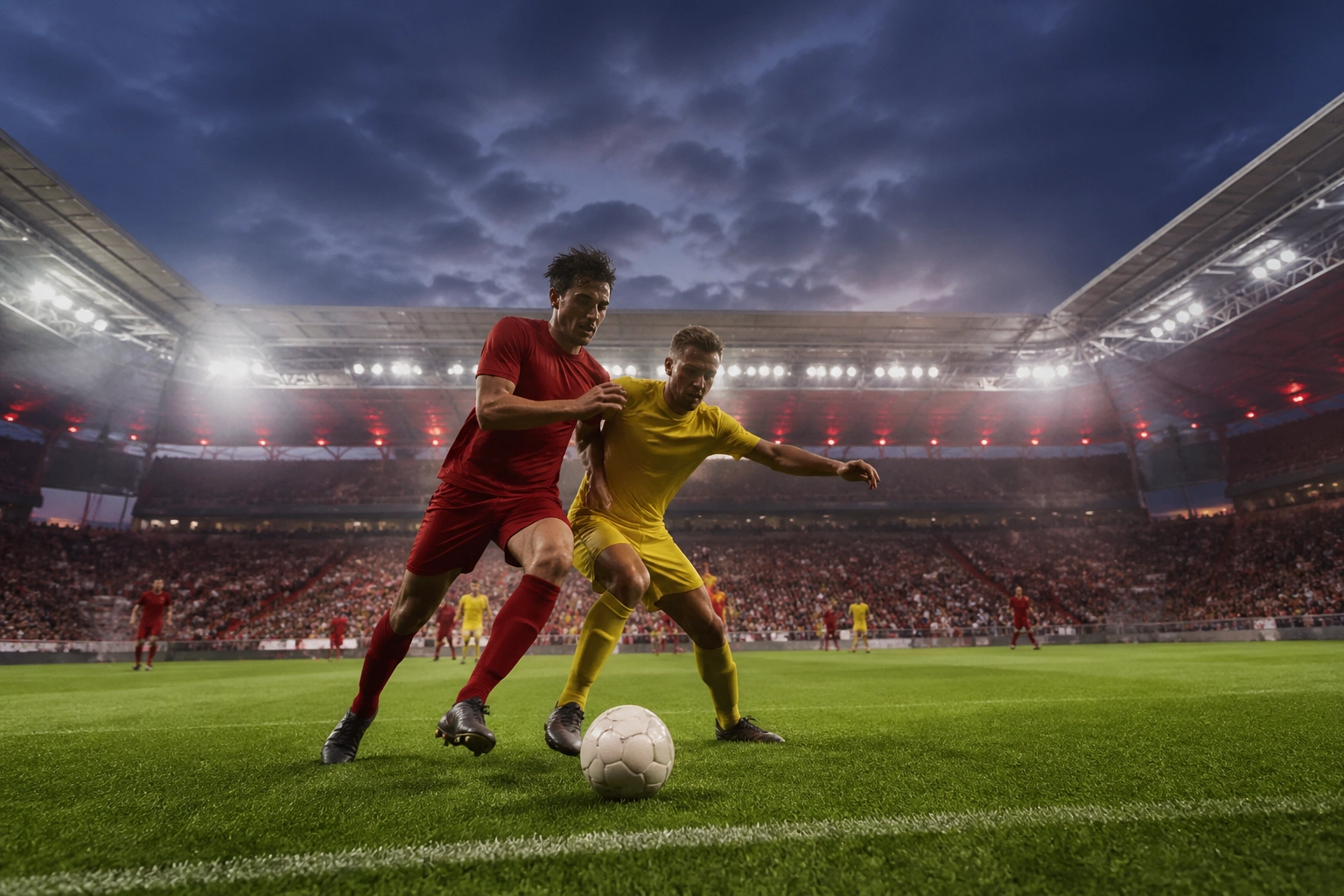 Intensiver Zweikampf zwischen Leipzig und Dortmund Spielern in der Red Bull Arena bei Flutlicht.