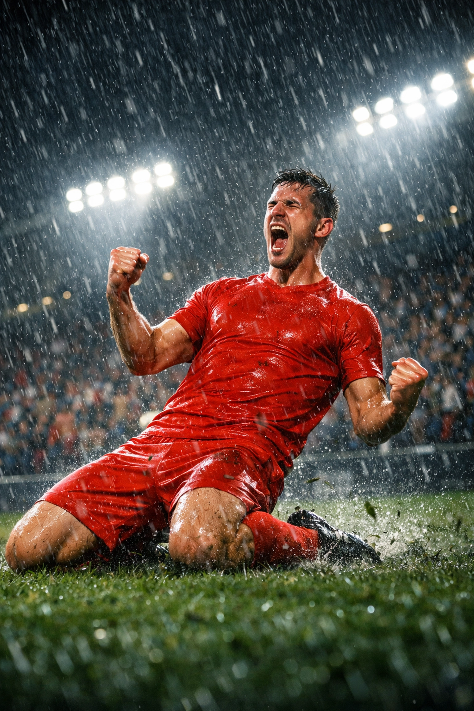 Emotionaler Torjubel nach einem Comeback in der Schlussphase eines Fußballspiels im Regen.