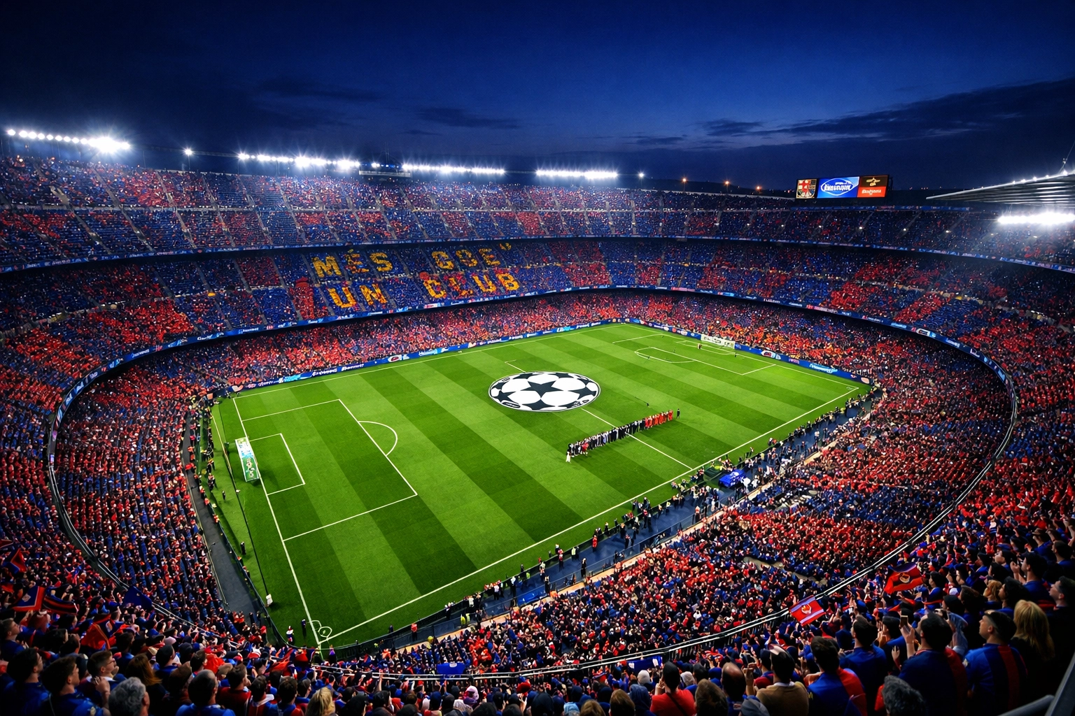 Beleuchtetes Camp Nou Stadion in Barcelona vor dem Champions League Duell gegen Atletico Madrid am 08.04.2026.