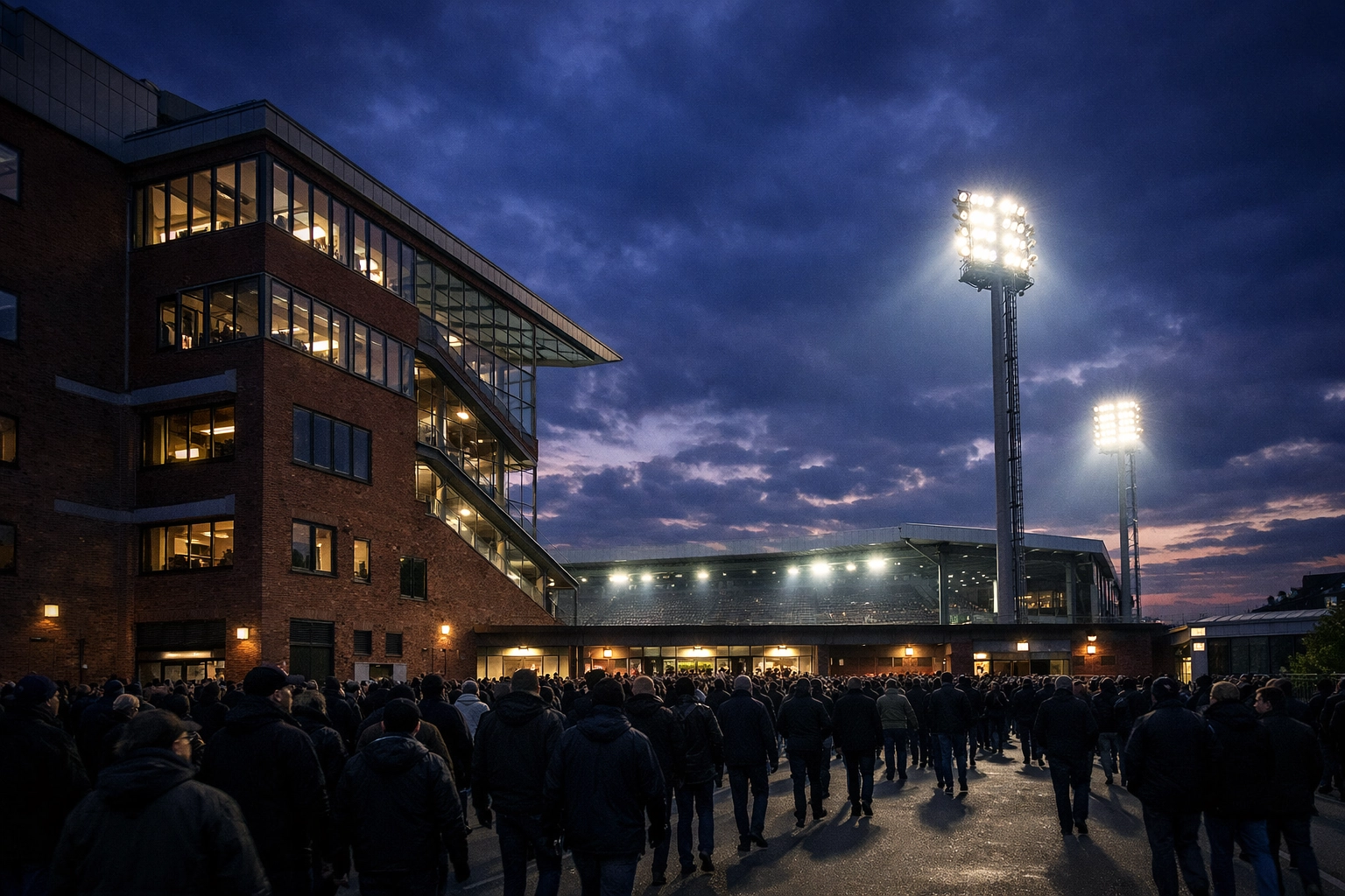 Außenansicht des Millerntor-Stadions bei Dämmerung vor dem Spiel St. Pauli gegen den 1. FC Köln.