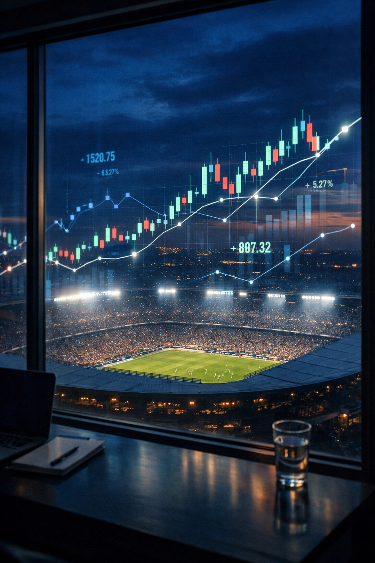 Moderner Blick auf ein Fußballstadion mit Daten-Overlay für sportwetten Analysen.