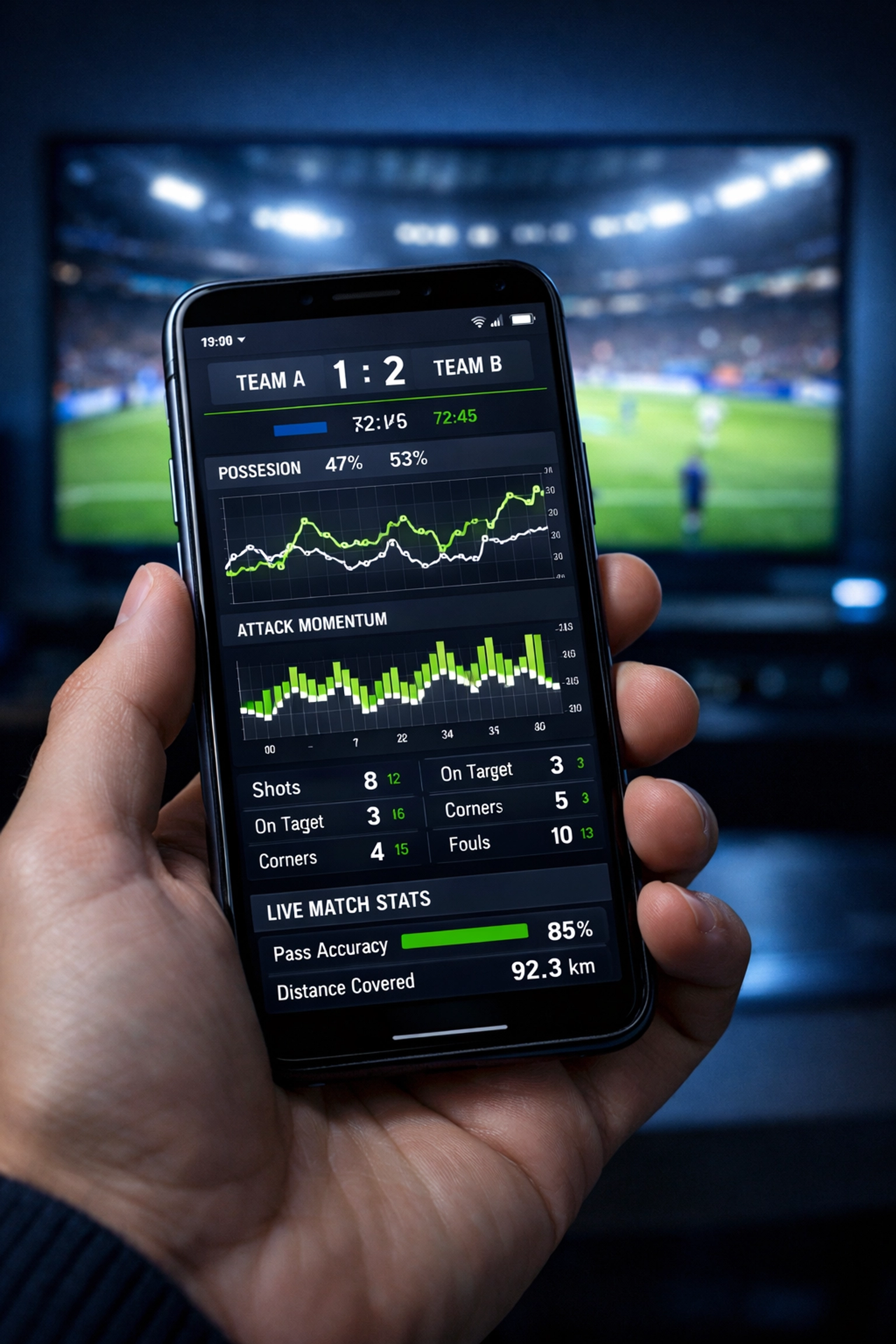 Live-Daten-Analyse auf dem Smartphone für sportwetten während eines Fußballspiels im Fernsehen.