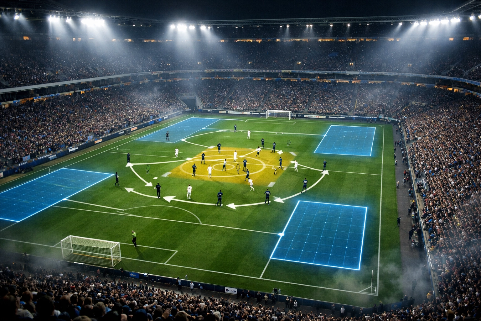 Taktische Spielfeld-Analyse im Stadion zur Identifikation von Live Betting Trends im Fußball.