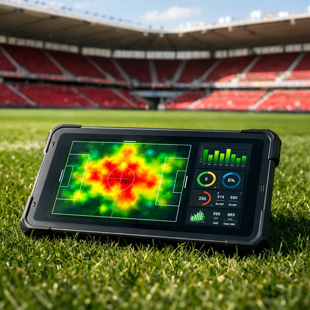Digitale Fußball-Statistiken und Heatmap auf dem Rasen des Riverside Stadium für die Analyse von Middlesbrough gegen Millwall.