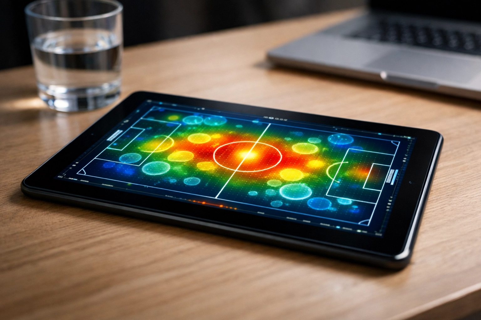 Digitale Analyse von Fußball-Leistungsdaten und xG-Werten auf einem Tablet.
