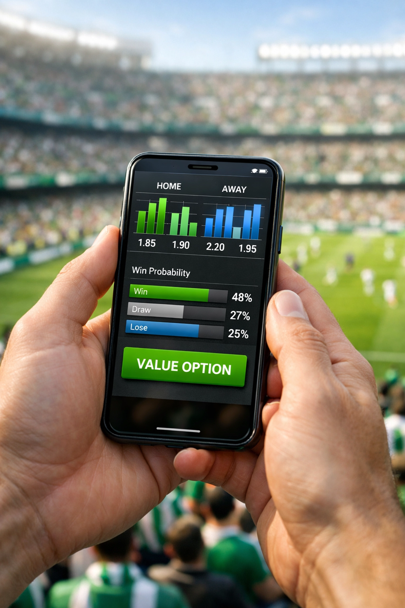 Quotenanalyse auf dem Smartphone im Stadion für die Real Betis gegen Espanyol Prognose.