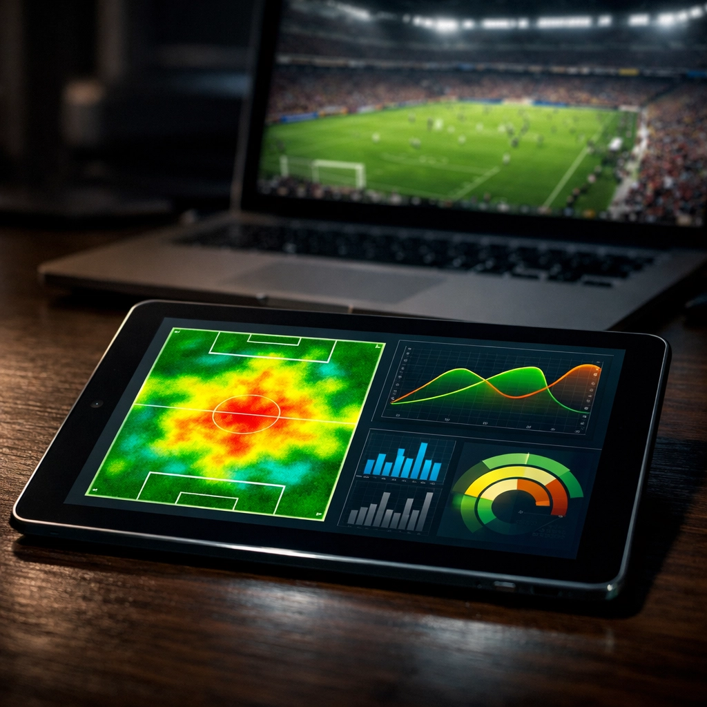 Tablet-Analyse von Fußballstatistiken und Heatmaps zur Bewertung von Live Betting Trends.