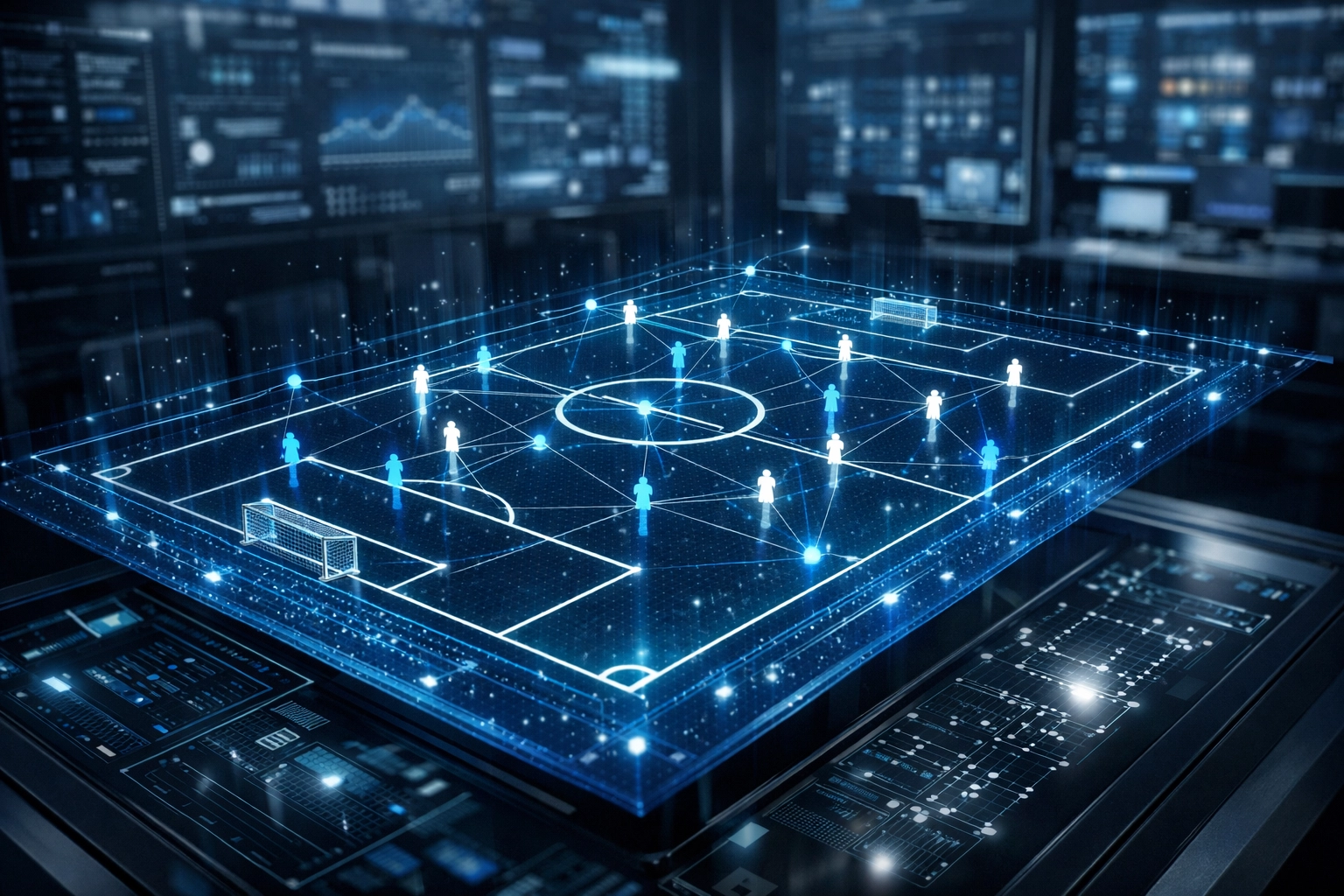 Digitale Simulation eines Fußballfeldes mit Datenpunkten für algorithmische Prognosen.