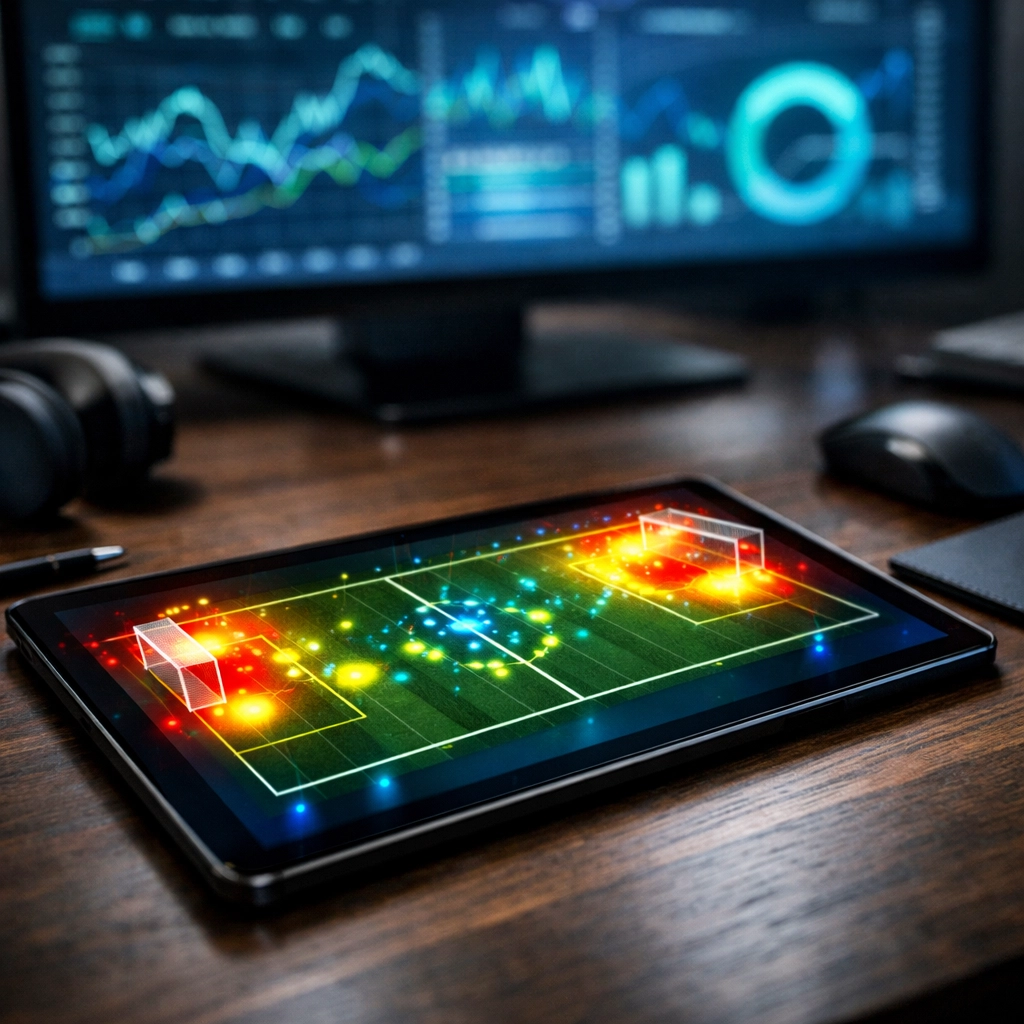 Datenbasierte Bundesliga xG-Analyse mit Heatmaps und Torwahrscheinlichkeiten auf einem Tablet.