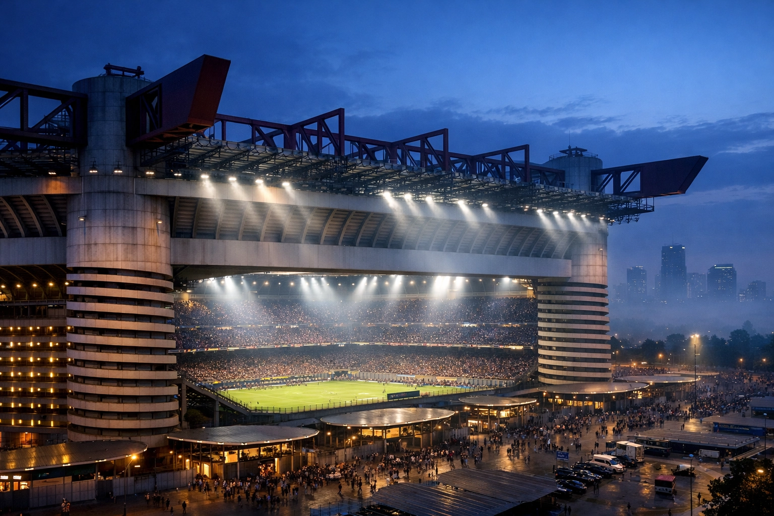 Beleuchtetes San Siro Stadion in Mailand vor dem Serie A Spiel Inter Mailand gegen Cagliari Calcio.
