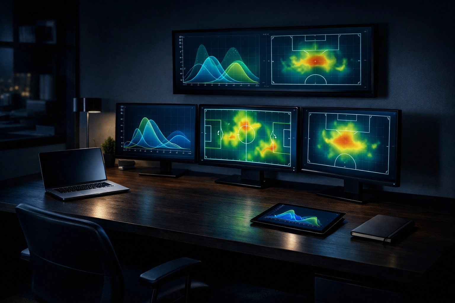 Monitore mit Heatmaps und Wahrscheinlichkeitskurven für professionelle Sportwetten-Analysen.