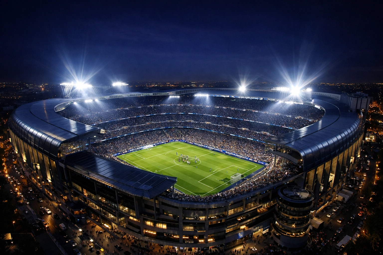 Santiago Bernabéu Stadion bei Nacht für die Champions League Analyse Real Madrid gegen Manchester City am 15.04.2026.