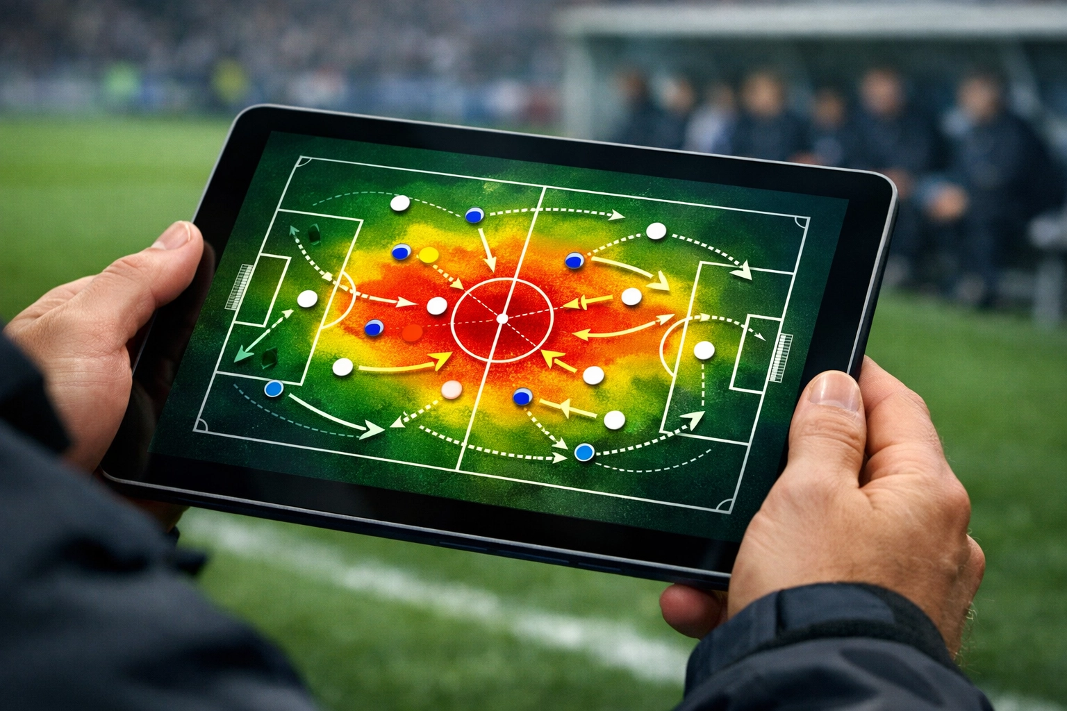 Digitale Heatmap auf einem Tablet zur Echtzeit-Datenanalyse taktischer Fußball-Trends