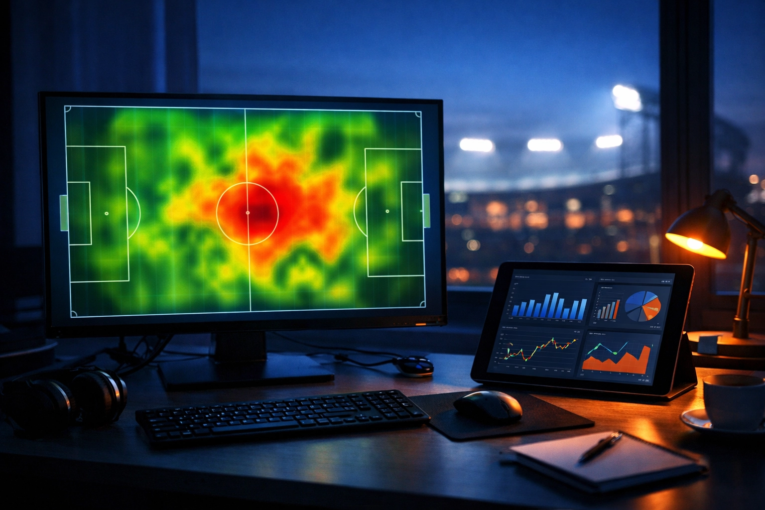 Arbeitsplatz eines Fußball-Analysten mit Heatmap und Statistiken für die Spieltagsvorschau.