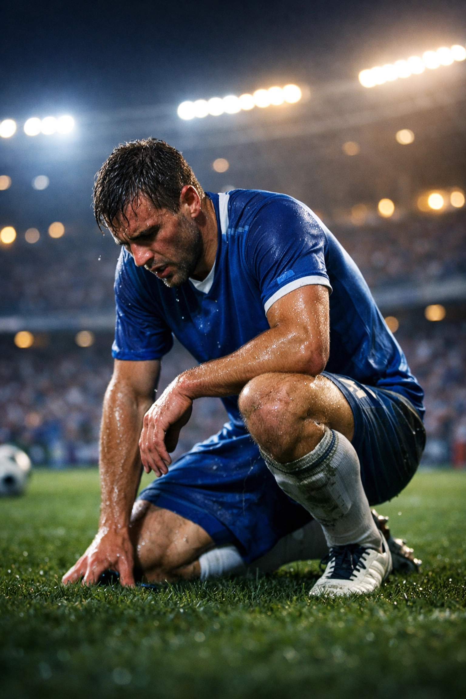 Erschöpfter Fußballspieler im Stadion verdeutlicht physische Belastung und Live-Trends