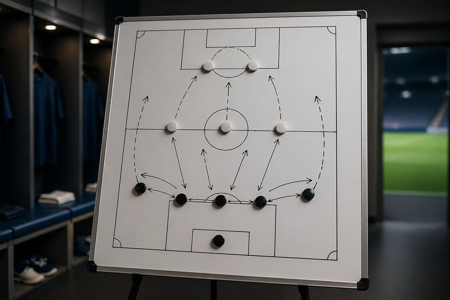 Taktiktafel mit 5-3-2 Formation für die Analyse des Spiels Atlético Madrid gegen Arsenal.