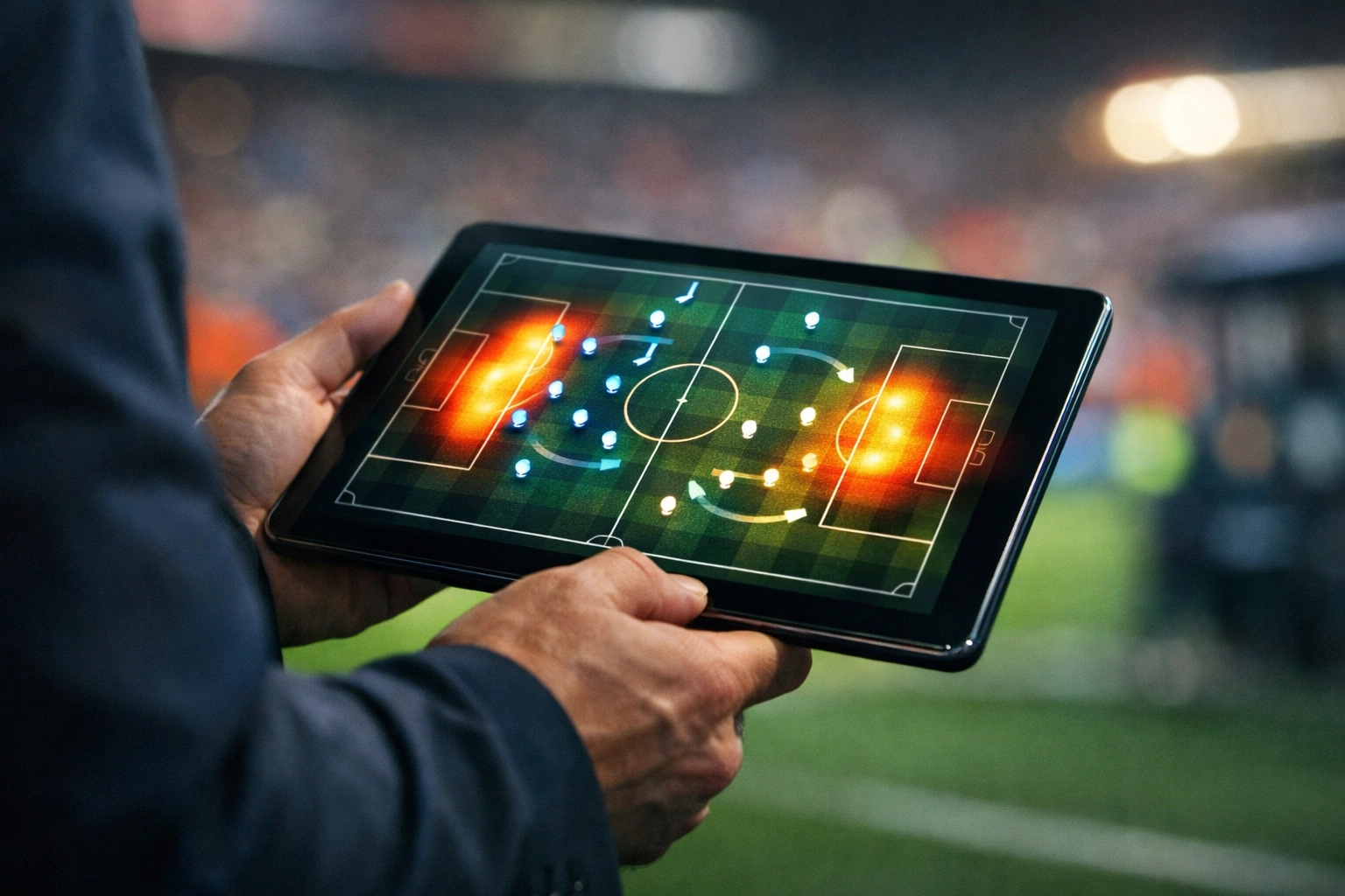 Taktische Analyse von Live-Daten und Heatmaps auf einem Tablet am Spielfeldrand.